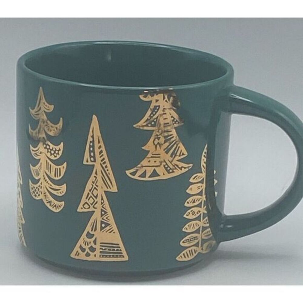 Starbucks Coffee Tea Mug 2015 Holiday Collection Gold Trees Wide Mouth